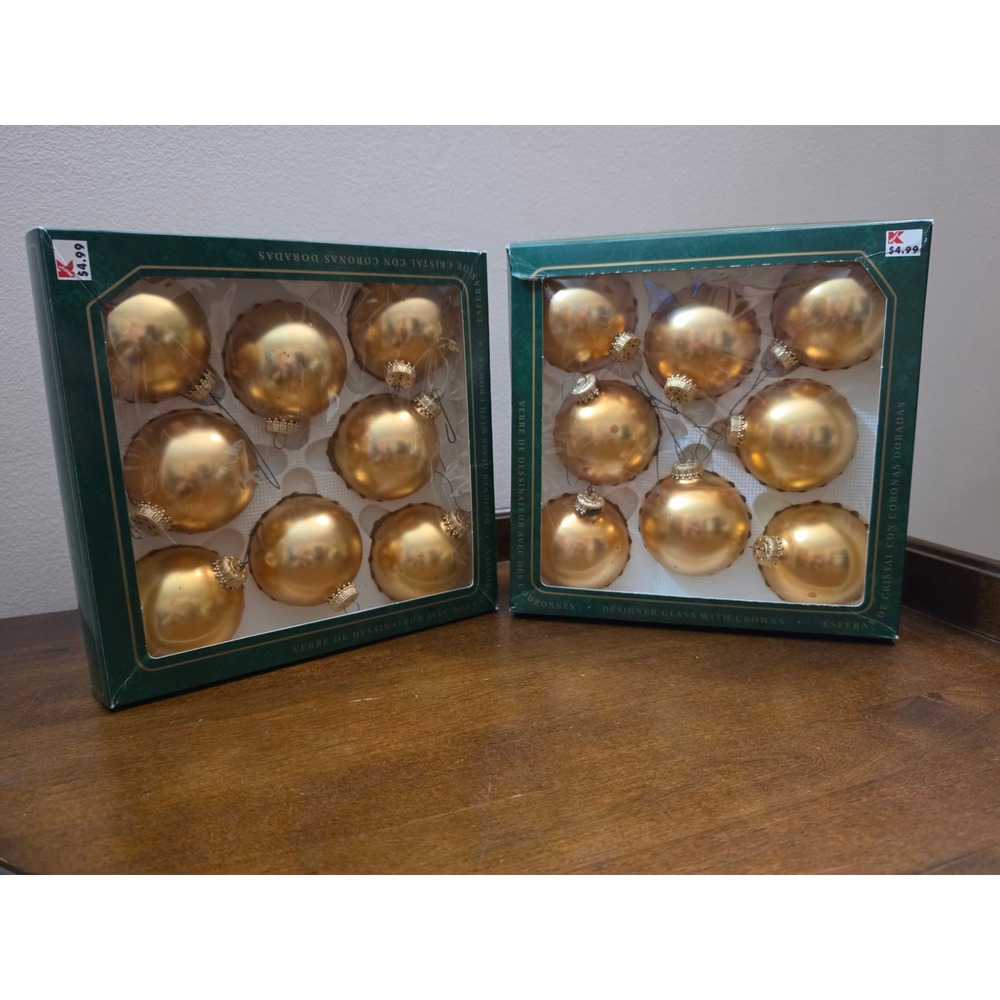 Vintage Christmas by Krebs Gold Glass Ball Ornament Set 2 boxes of 8 Made in USA